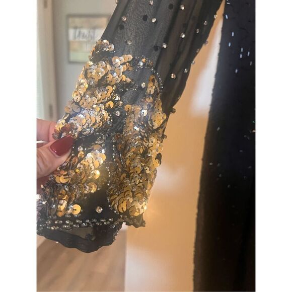 Vintage Jaqueline Ferrar 12 Sequin Beaded Sheath Dress Black Gold Party Cocktail - Picture 8 of 14